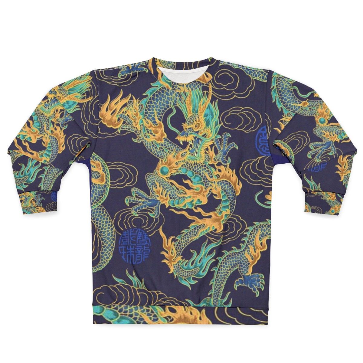 Gilded dragon design on a blue sweatshirt