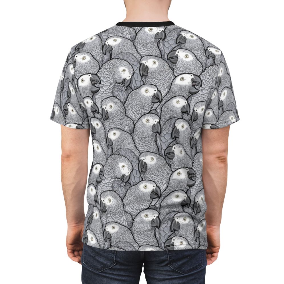 Vibrant artistic design featuring an African grey parrot in its natural habitat - men back