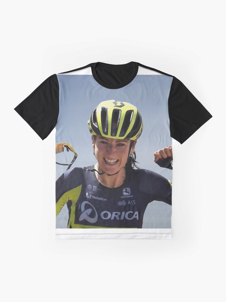 Annemiek van Vleuten, a professional road cyclist, featured on a graphic cycling t-shirt. - Flat lay