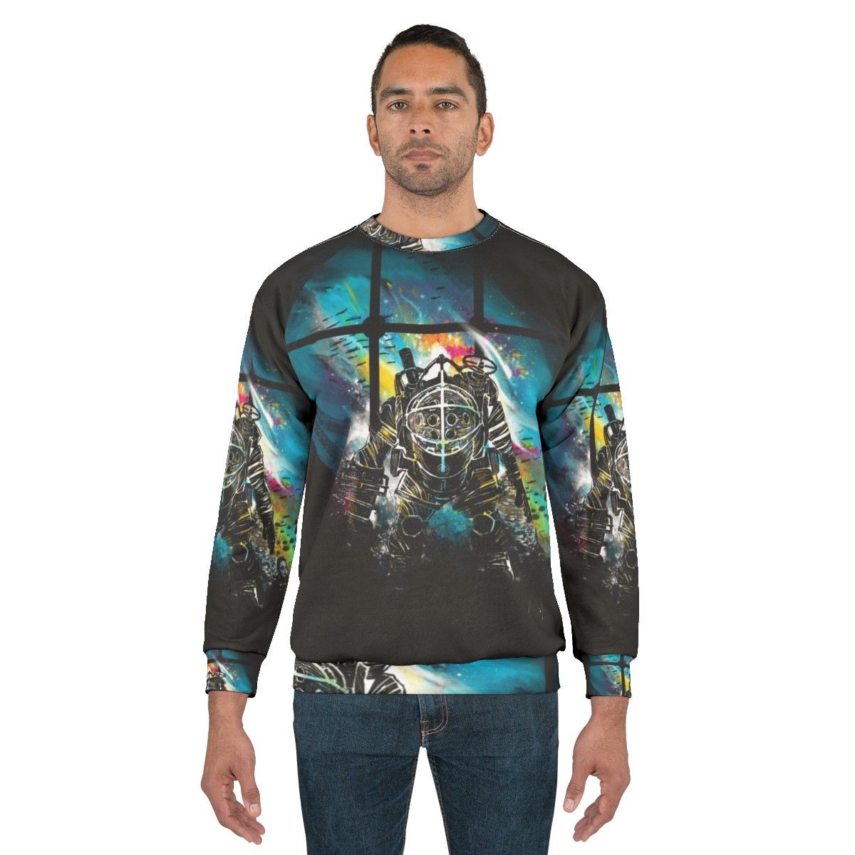 Mr Bubbles Bioshock Sweatshirt featuring a watercolor design of the iconic Big Daddy - men