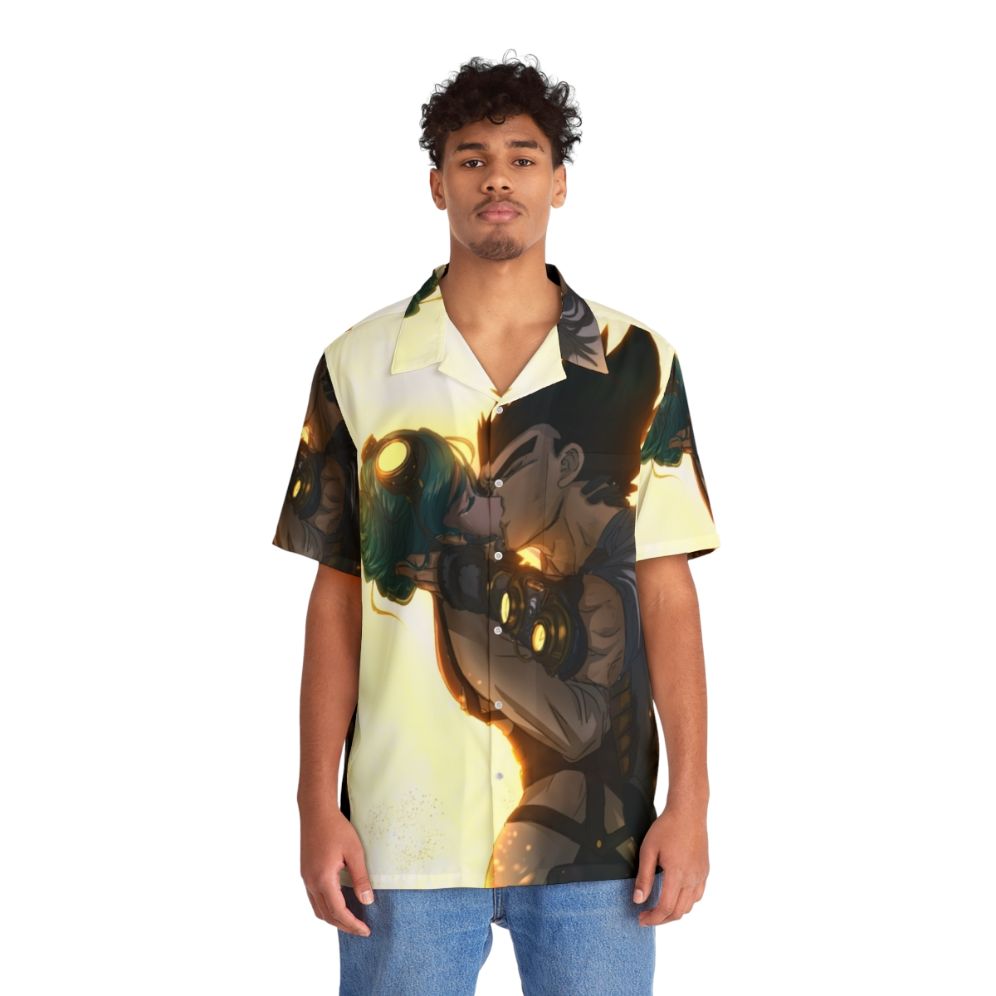 Anime-inspired Hawaiian shirt with Vegeta and Bulma design and stars - Lifestyle