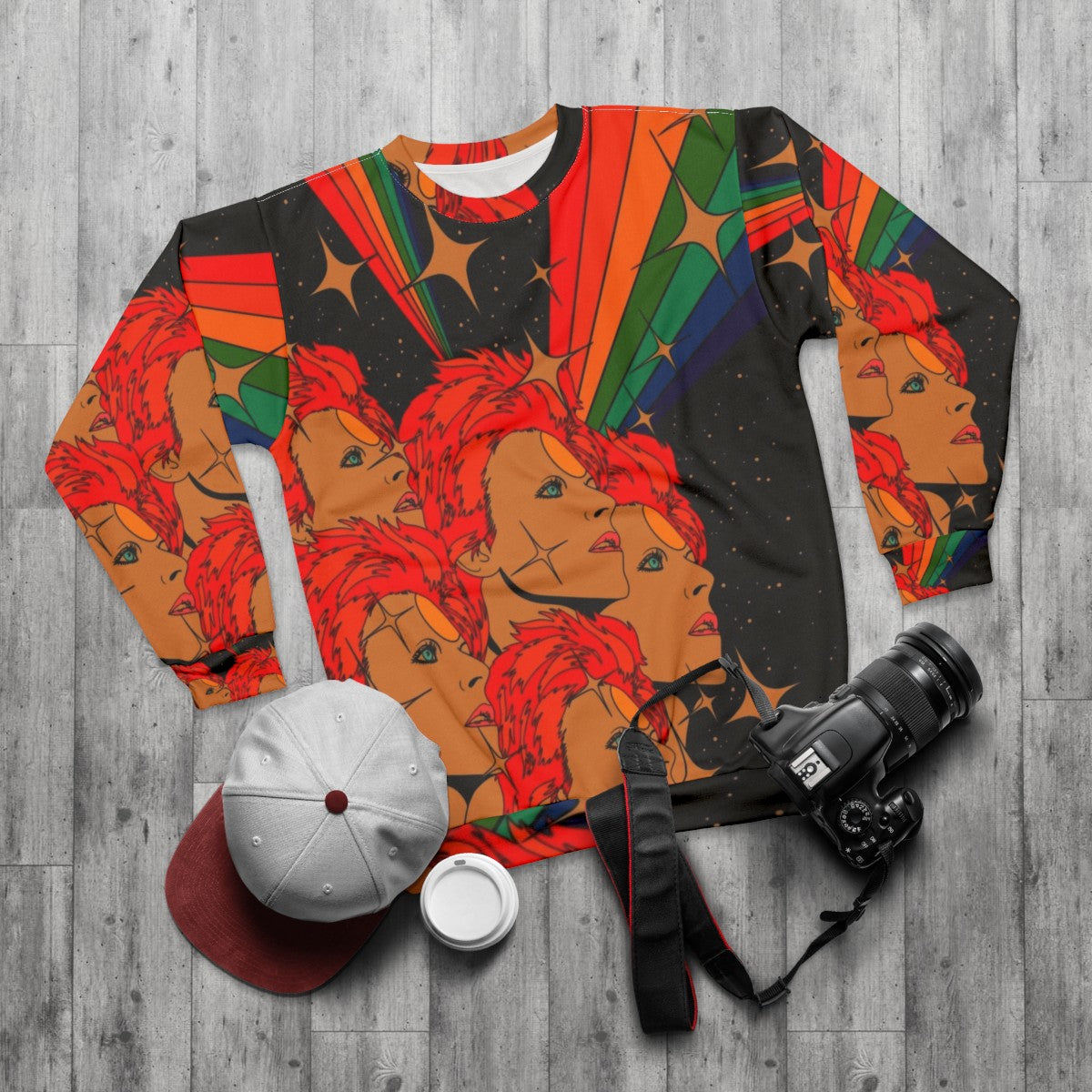 Starman Sweatshirt with Retro Psychedelic 70s Glam Rock Cosmic Design - flat lay