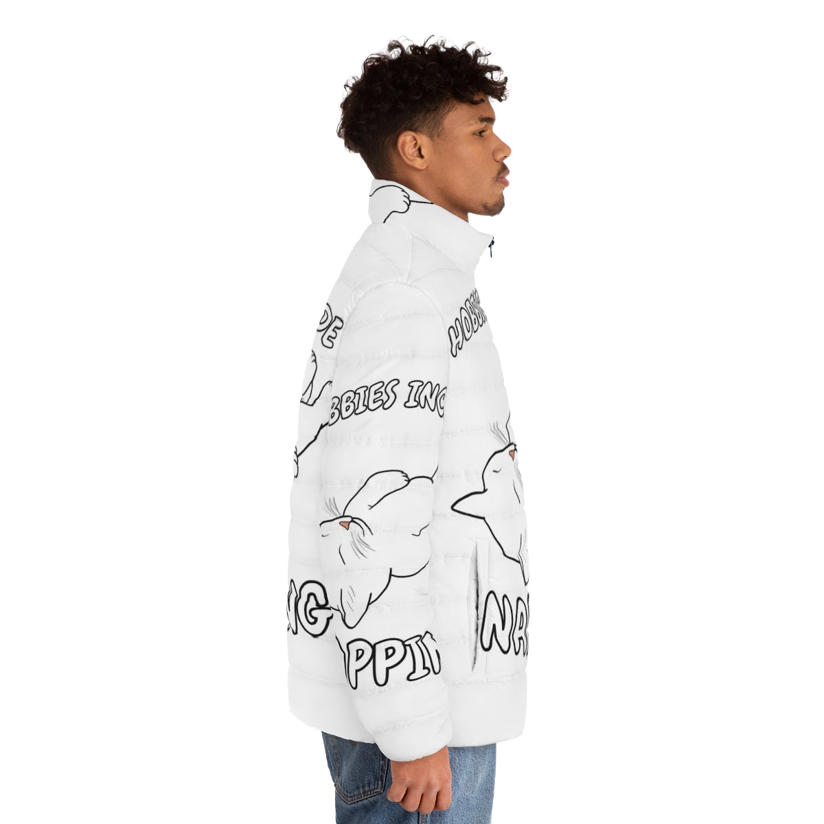 A cozy white cat puffer jacket, perfect for those who love to nap and sleep - men side right