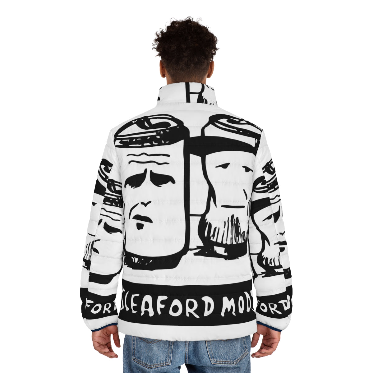 Sleaford Mods inspired puffer jacket with punk rock design - men back