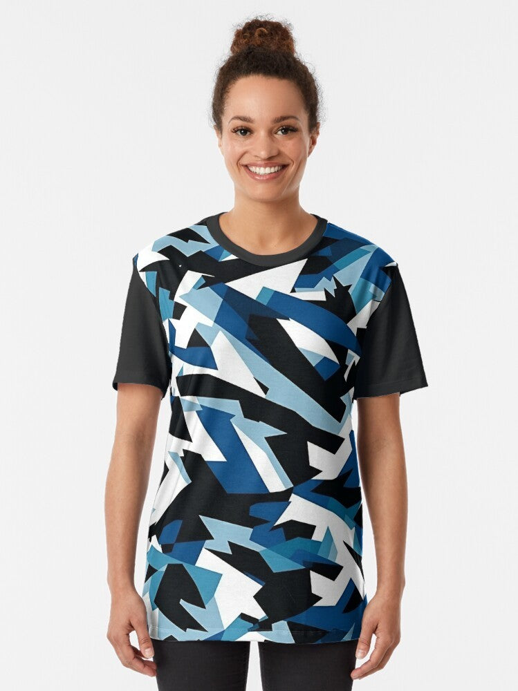 Navy dazzle camouflage graphic t-shirt with military-inspired design - Women
