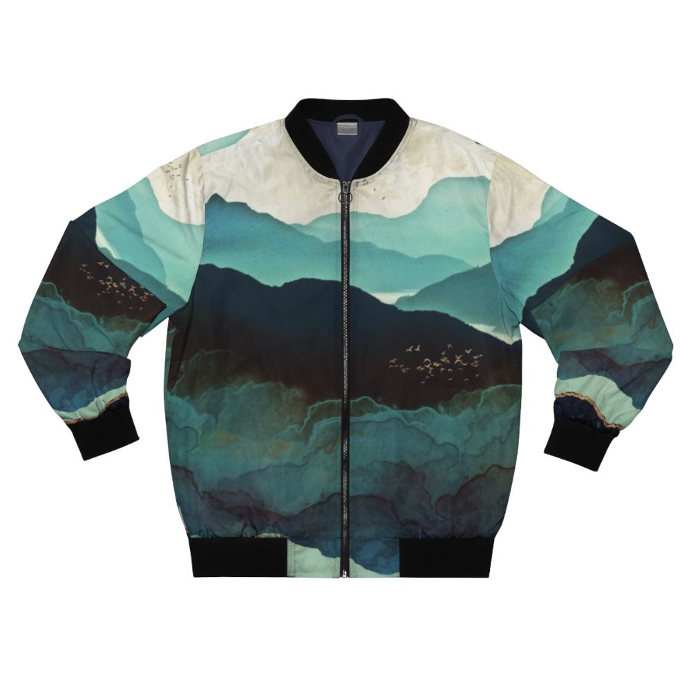 Indigo Mountains Bomber Jacket with abstract nature landscape design