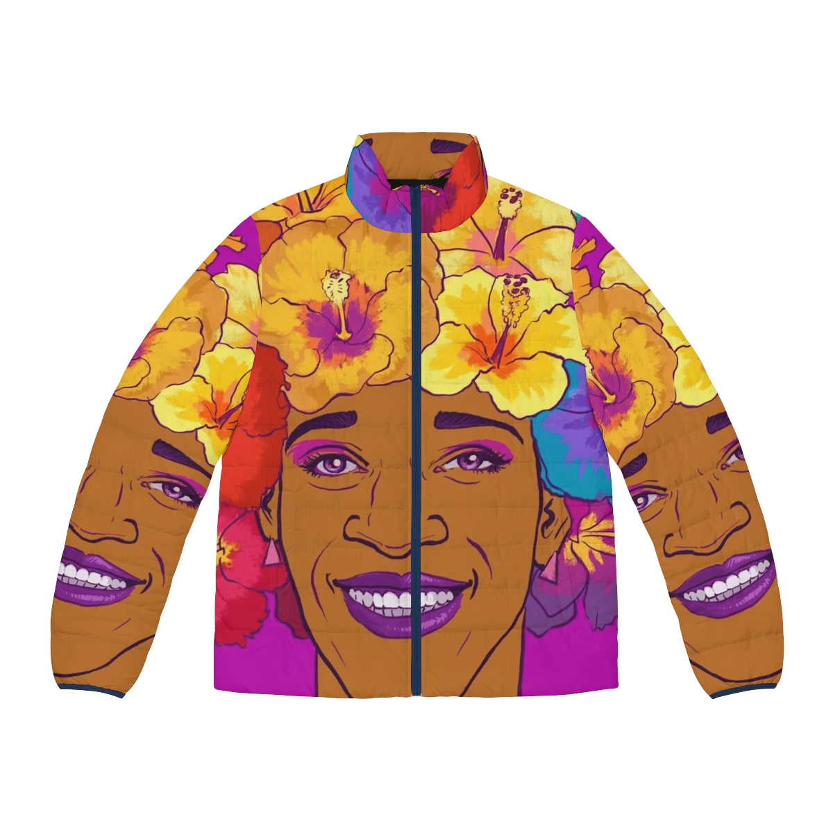 Marsha Johnson Tribute Puffer Jacket featuring a colorful floral design and crown motif