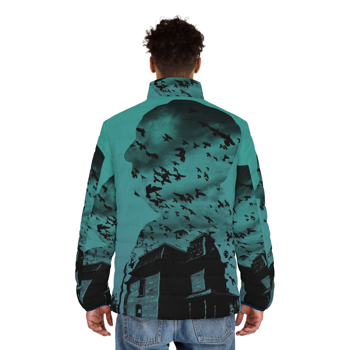 Alfred Hitchcock inspired gradient puffer jacket with collage design - men back