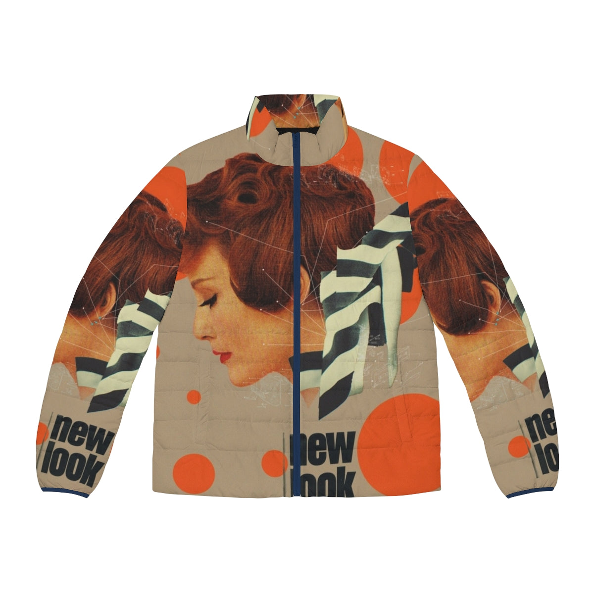 Woman wearing a retro-inspired puffer jacket in orange and black and white geometric design