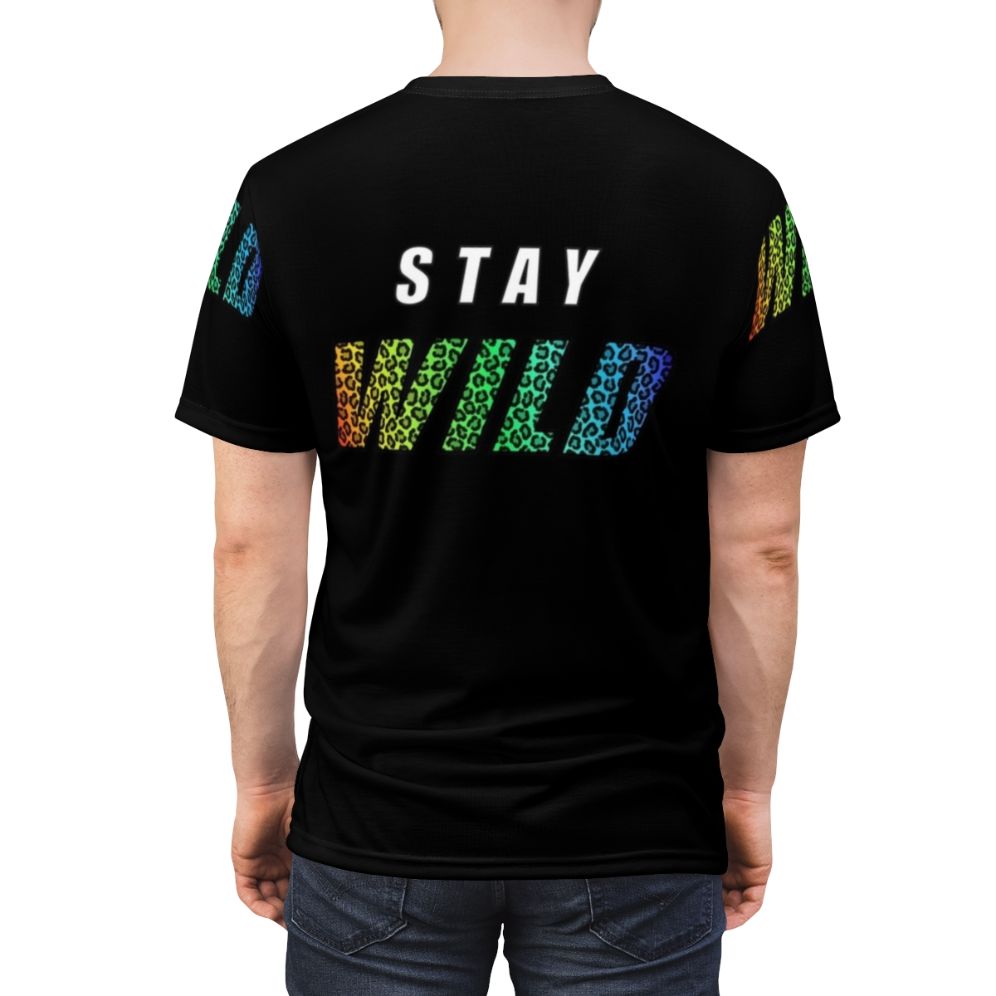 A vibrant all-over-print t-shirt featuring a colorful leopard design and the phrase "Stay Wild" - men back