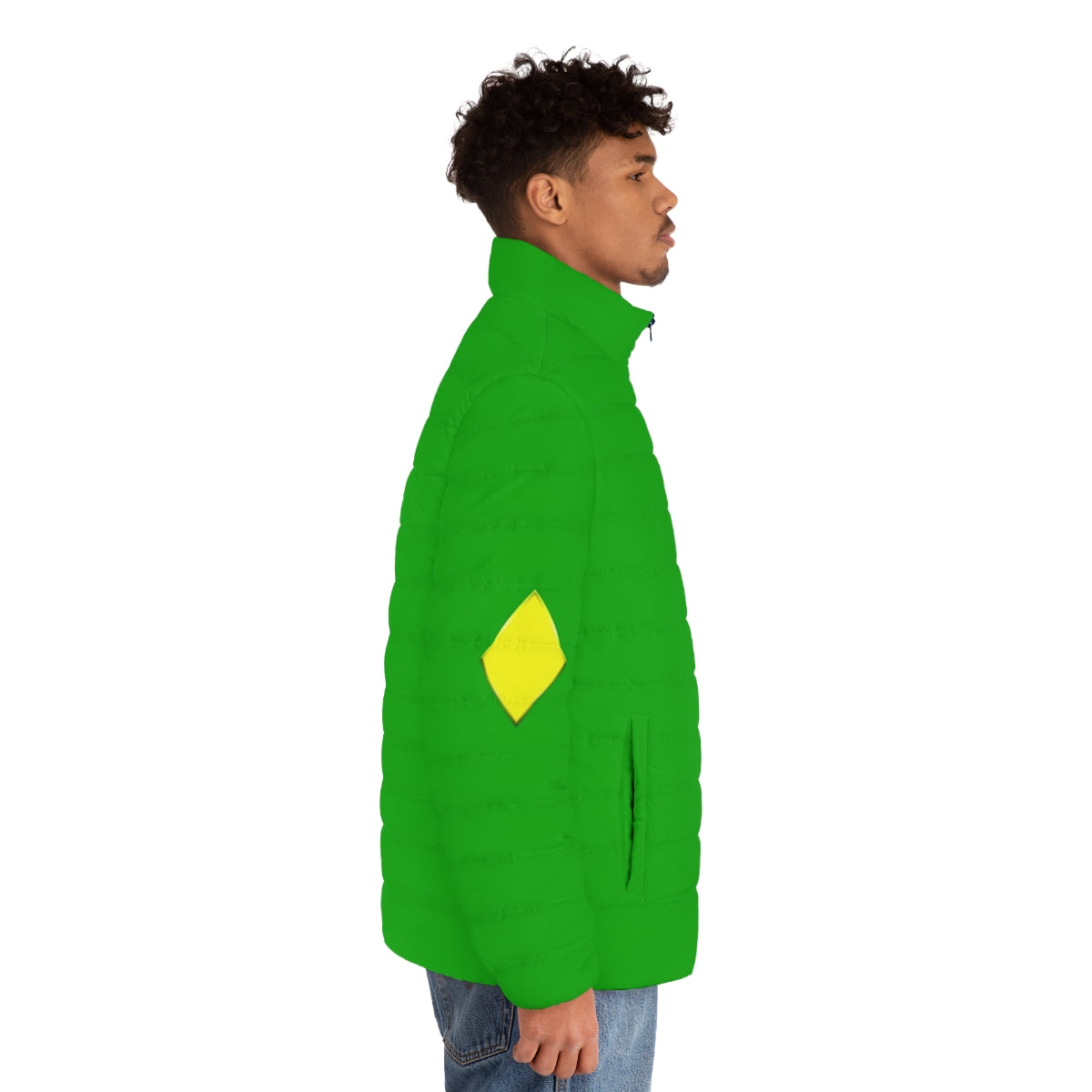 Yellow diamond puffer jacket with superhero-inspired design - men side right