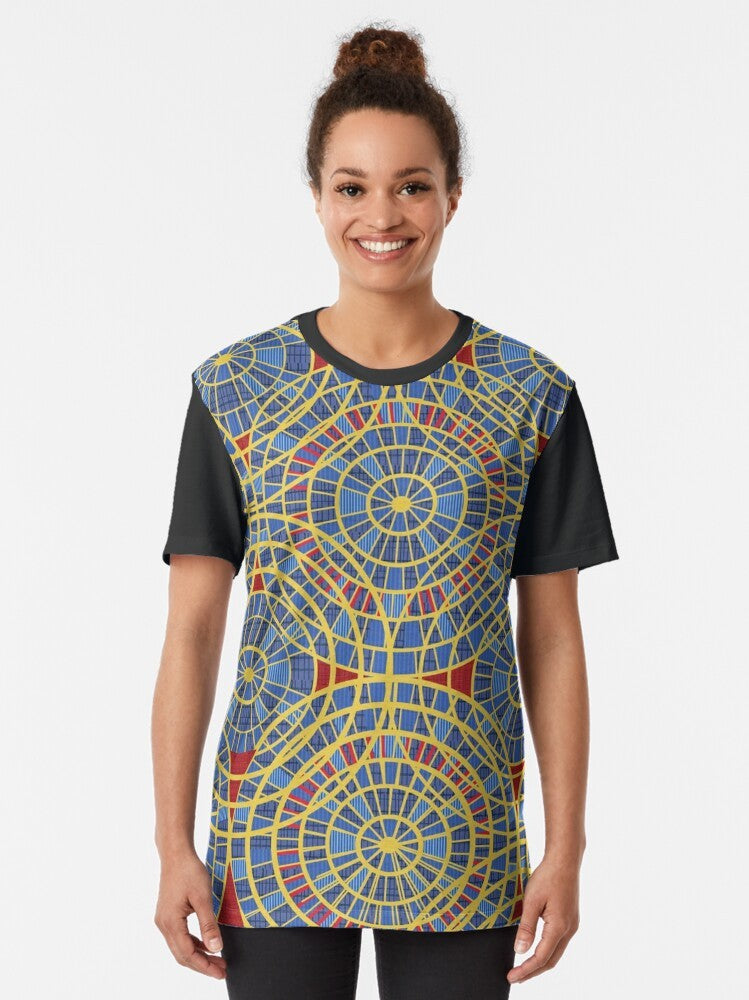 Dragon Con Marriott Carpet Graphic T-Shirt with a colorful pattern of red, blue, yellow, and diamond shapes - Women