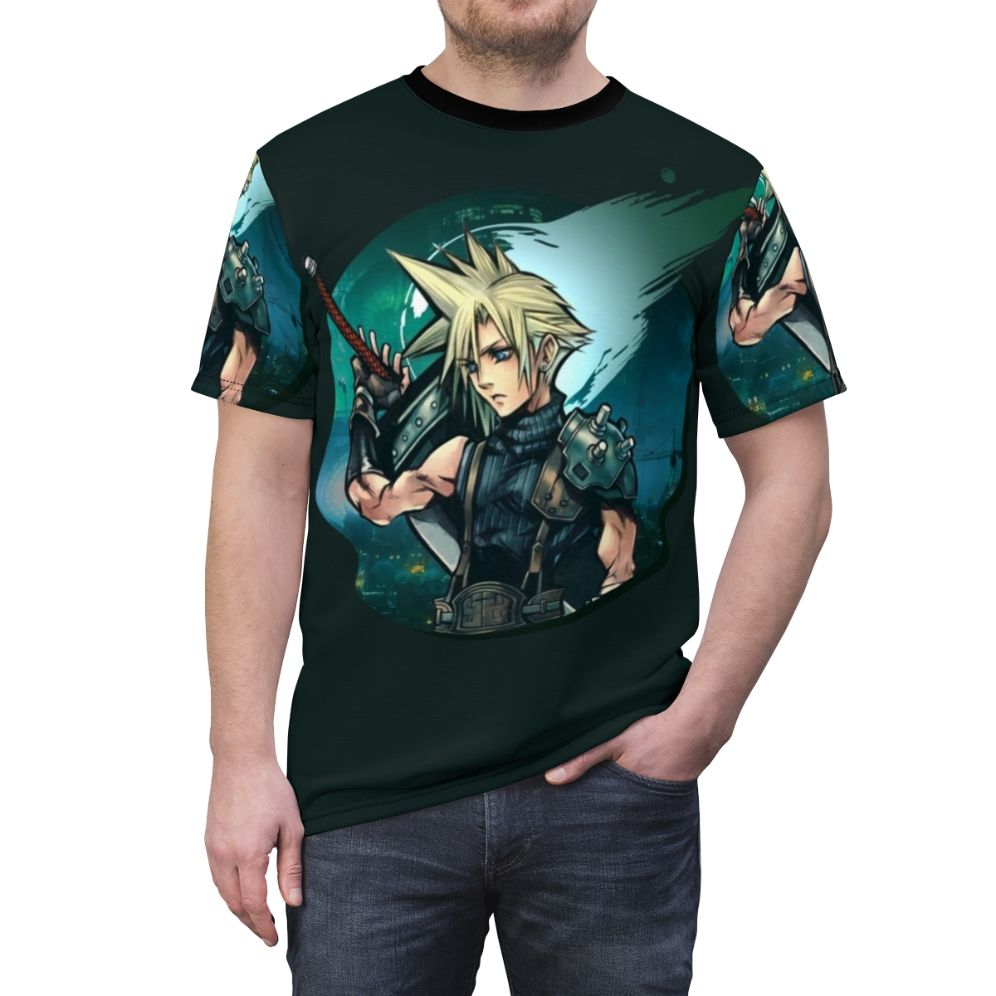 Stylized t-shirt design featuring cloud-inspired imagery from the Final Fantasy video game series. - men front