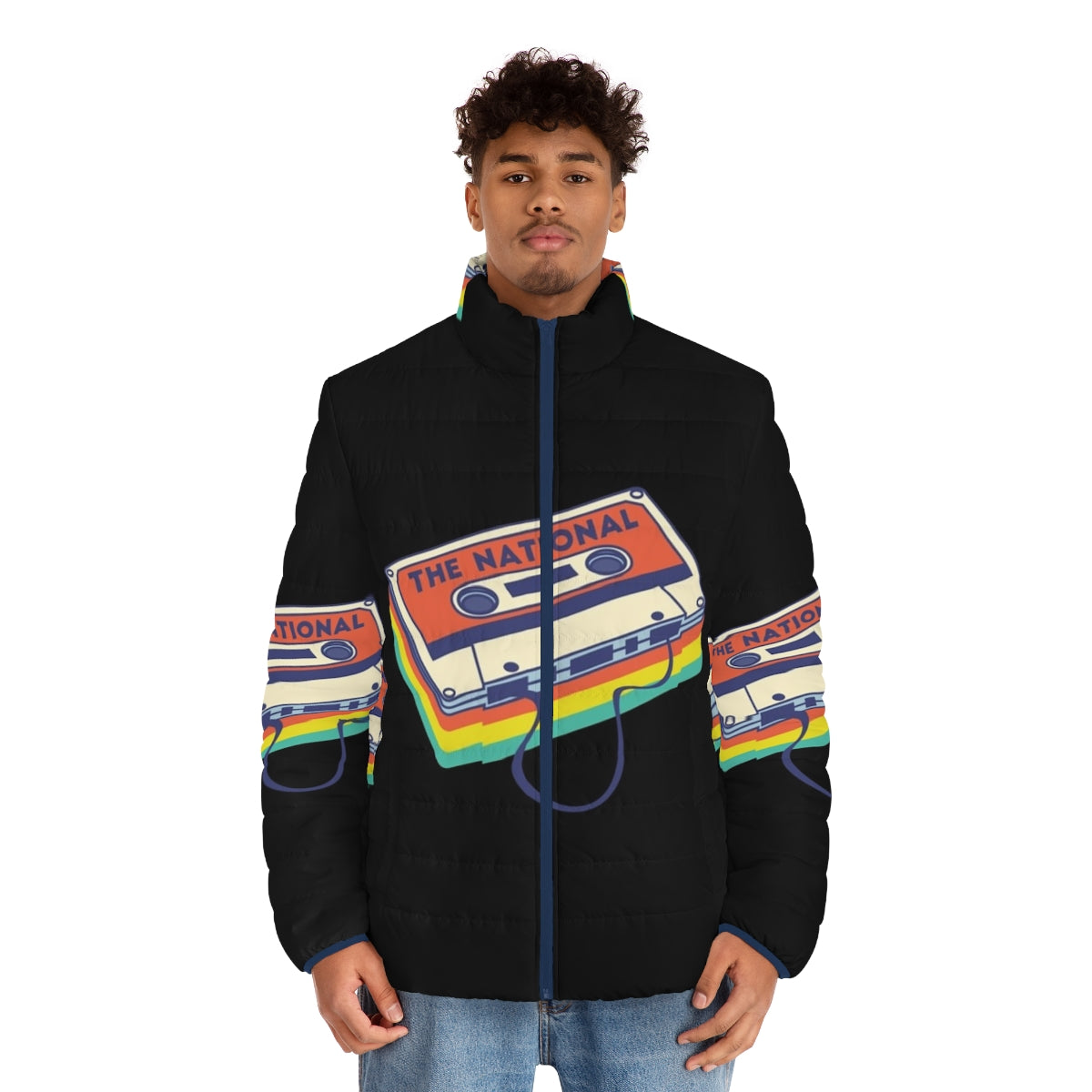 A cozy puffer jacket featuring The National band logo and cassette deck design - men front