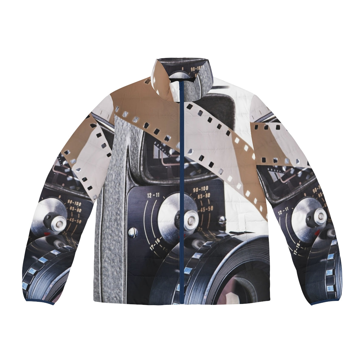 Retro mechanical movie camera and film puffer jacket