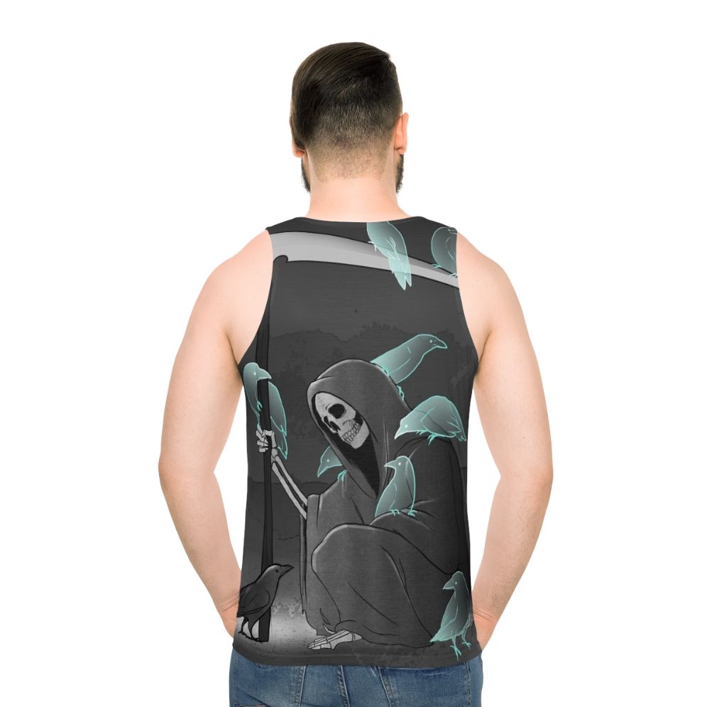 Unisex tank top with a dark gothic design featuring crows and a reaper - men back