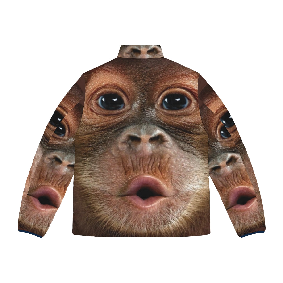 Puffer jacket featuring a hyper realistic baby orangutan monkey print design - Back