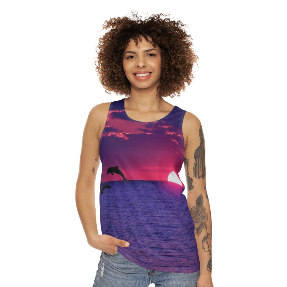 Unisex tank top featuring a breathtaking beach sunset in pink and purple sky - women