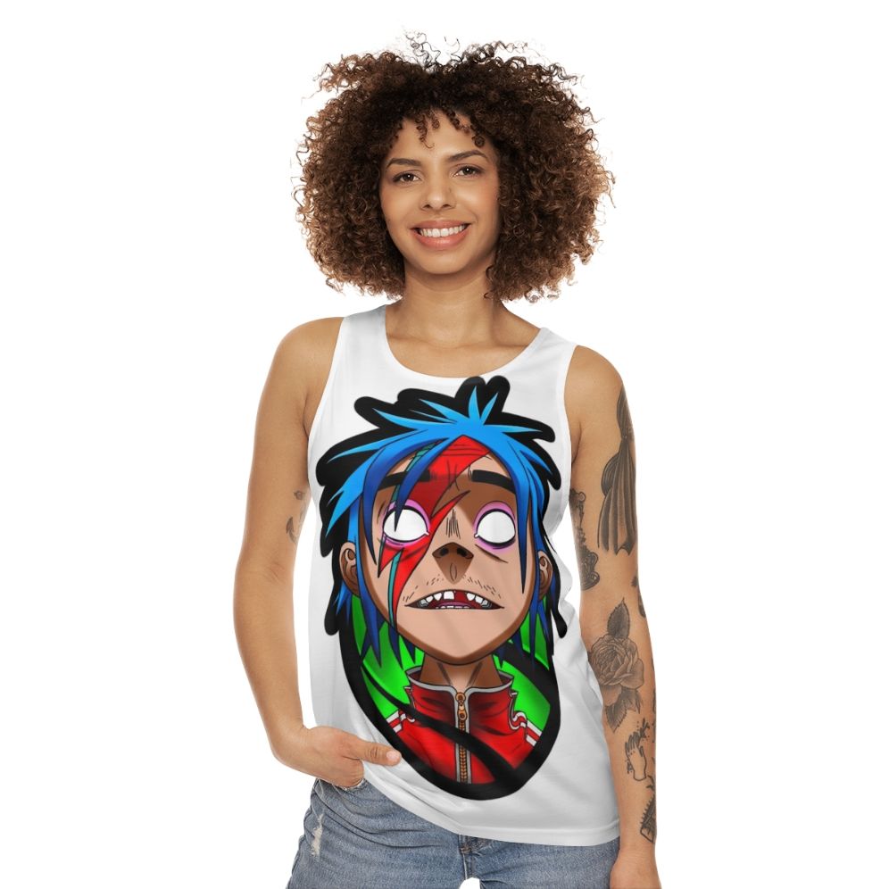 Unisex 2D graphic tank top with Gorillaz-inspired design - women