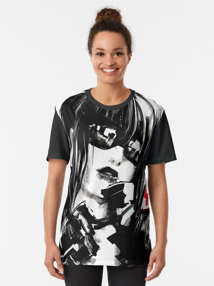 Cyberpunk-inspired urban fashion graphic t-shirt with futuristic, minimalist design - Women