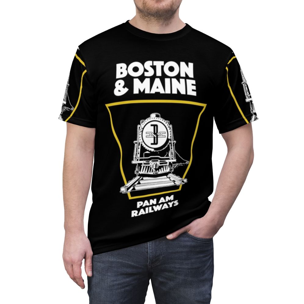 Vintage-style graphic t-shirt featuring a Boston Maine train emblem design - men front