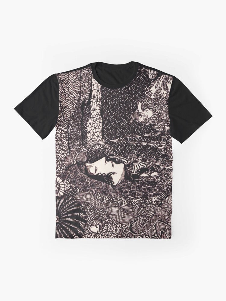 Vintage art nouveau-style graphic t-shirt featuring a sleeping fairy character inspired by the works of Edgar Allan Poe. - Flat lay