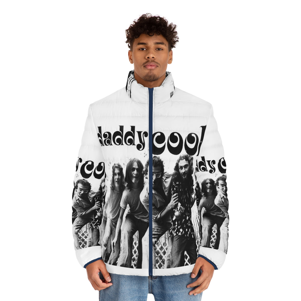 Puffer jacket with Ausrock Daddy Cool design, featuring music-inspired graphics - men front