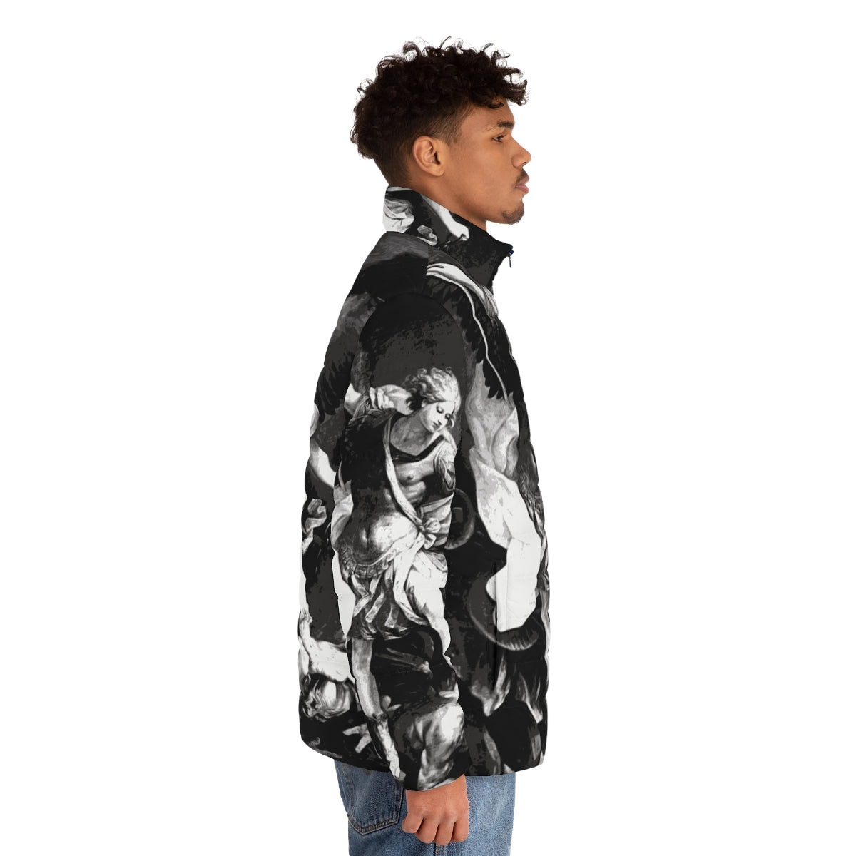 Saint Michael Archangel Puffer Jacket featuring the heavenly warrior's iconic image - men side right