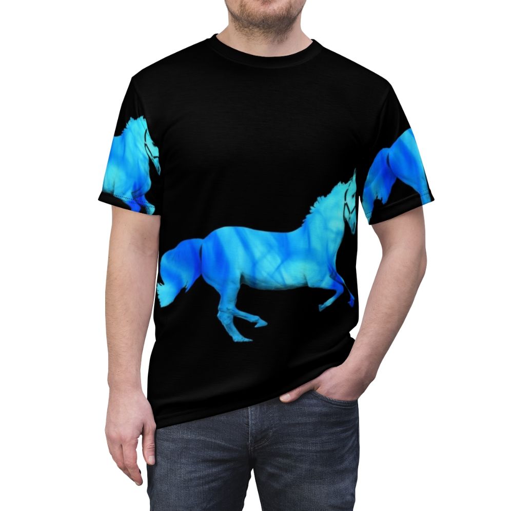 Fiery, legendary blue horse running with flames in the background - men front