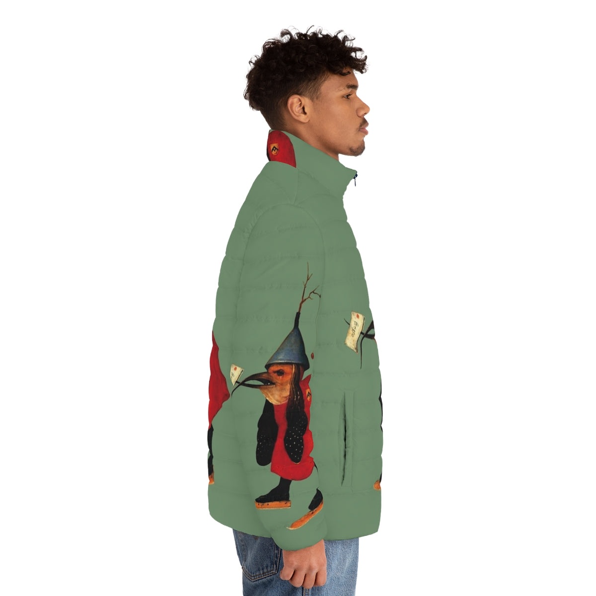 Hieronymus Bosch inspired puffer jacket with bird messenger design - men side right