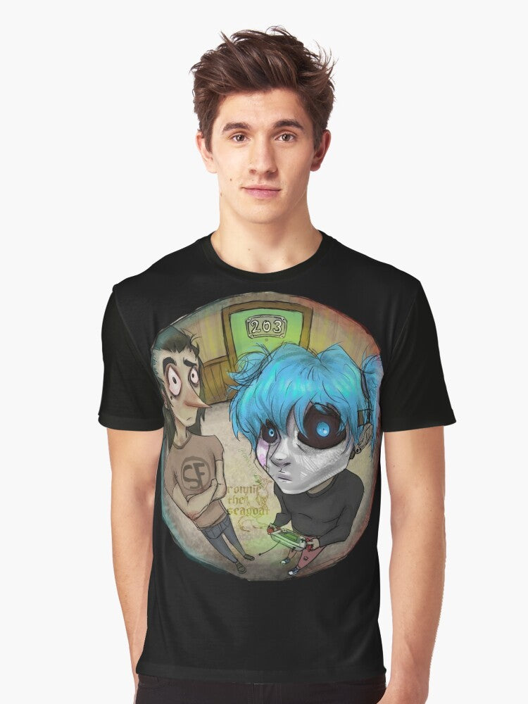 "Salloween 2 Empty Hallways Graphic T-Shirt featuring Sally Face characters" - Men