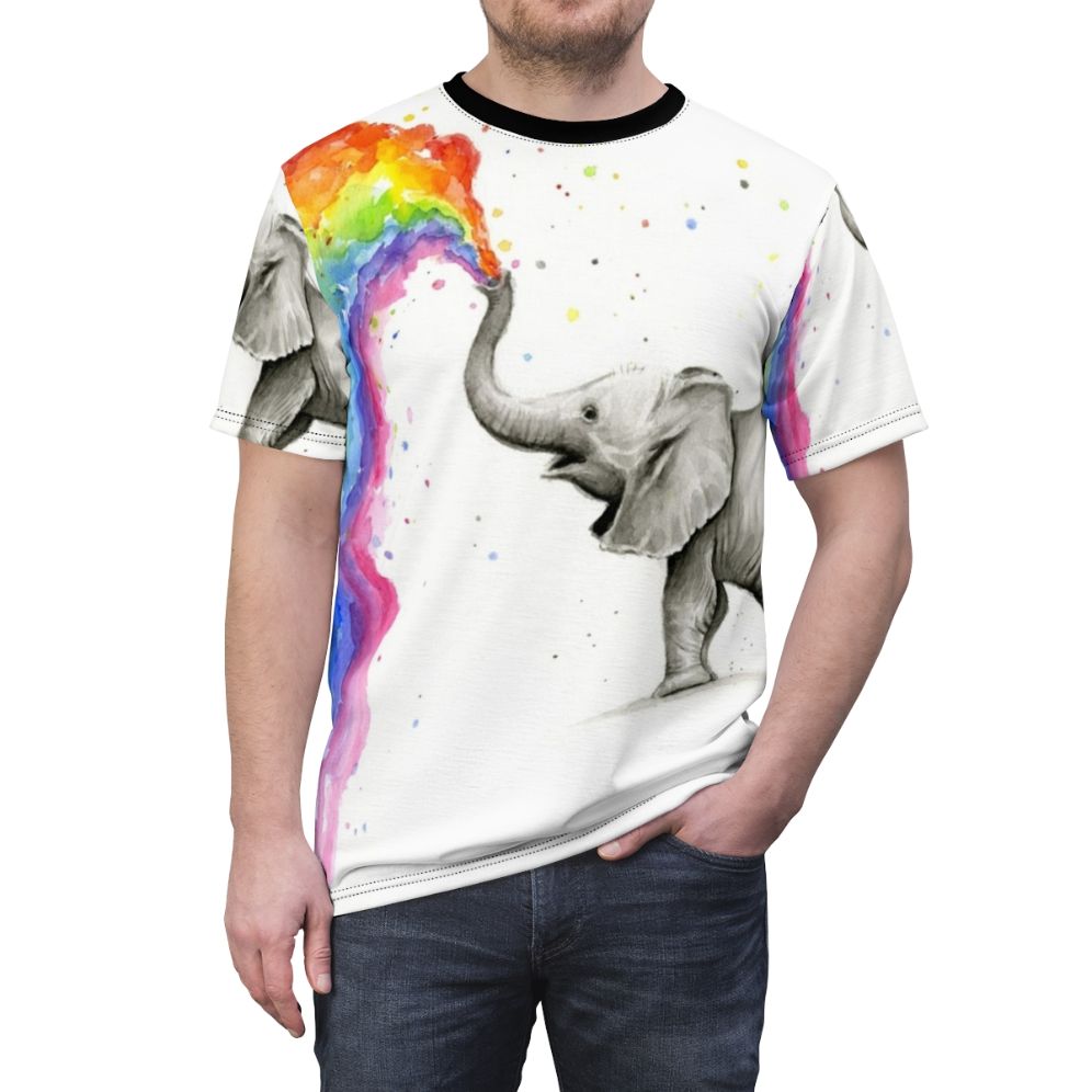 Whimsical illustration of a cute baby elephant spraying a colorful rainbow from its trunk - men front