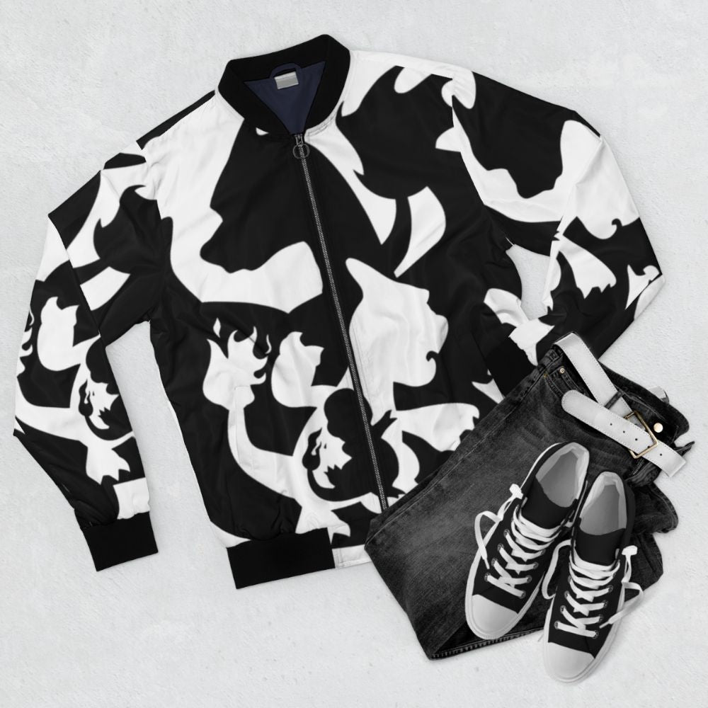 Poke Evolution Bomber Jacket featuring Charizard, the fire-type Pokémon - Flat lay