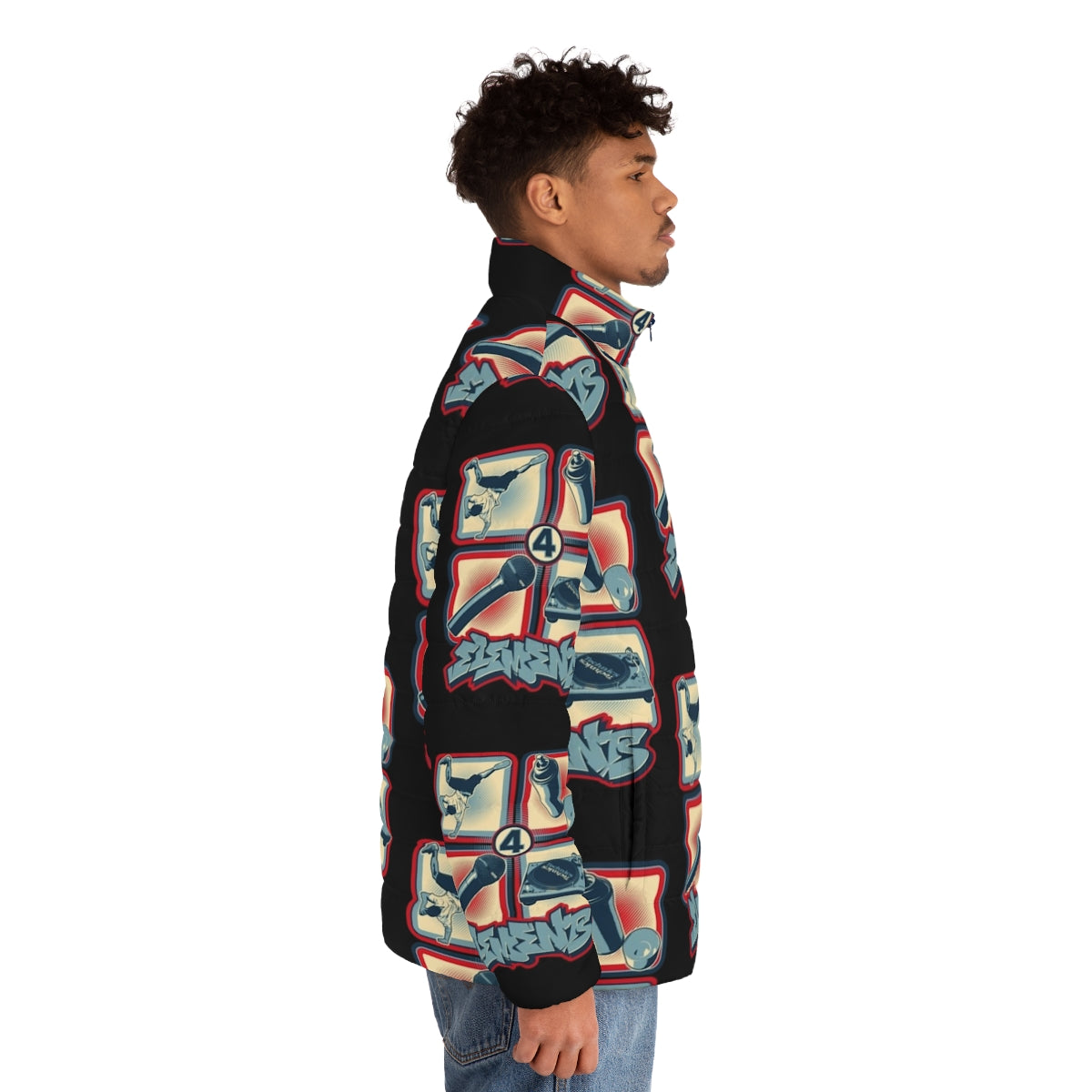 4 Elements Of Hip Hop Puffer Jacket - Urban Streetwear Featuring the 4 Elements of Hip Hop: DJ, MC, Breakdance, Graffiti - men side right