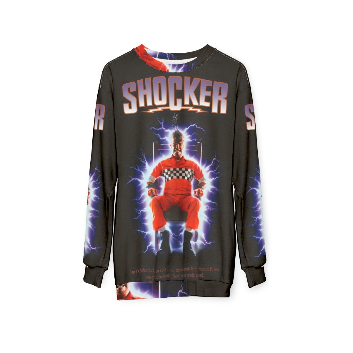 Shocker horror movie sweatshirt with retro 80s slasher design - hanging