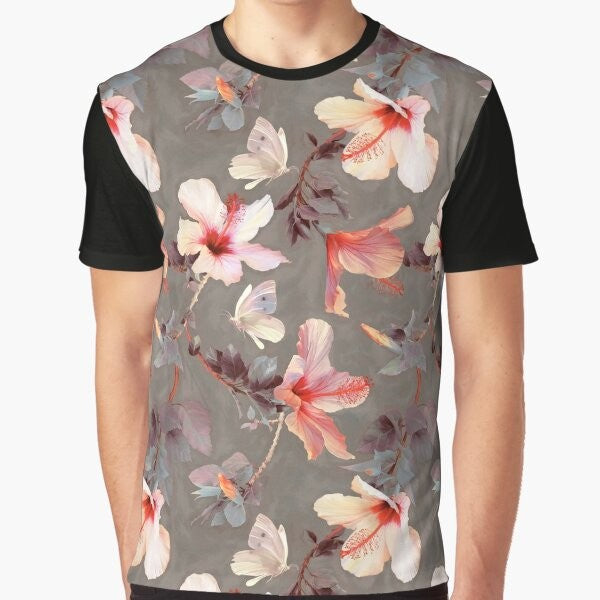 Coral hibiscus graphic t-shirt with tropical floral pattern