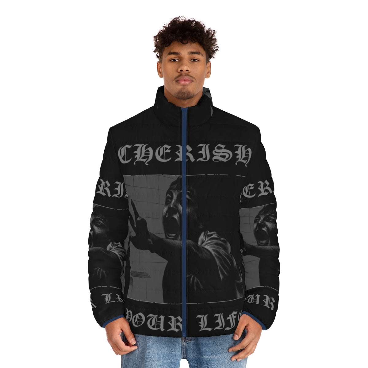 Cherish Your Life Puffer Jacket - Goth-inspired winter outerwear - men front