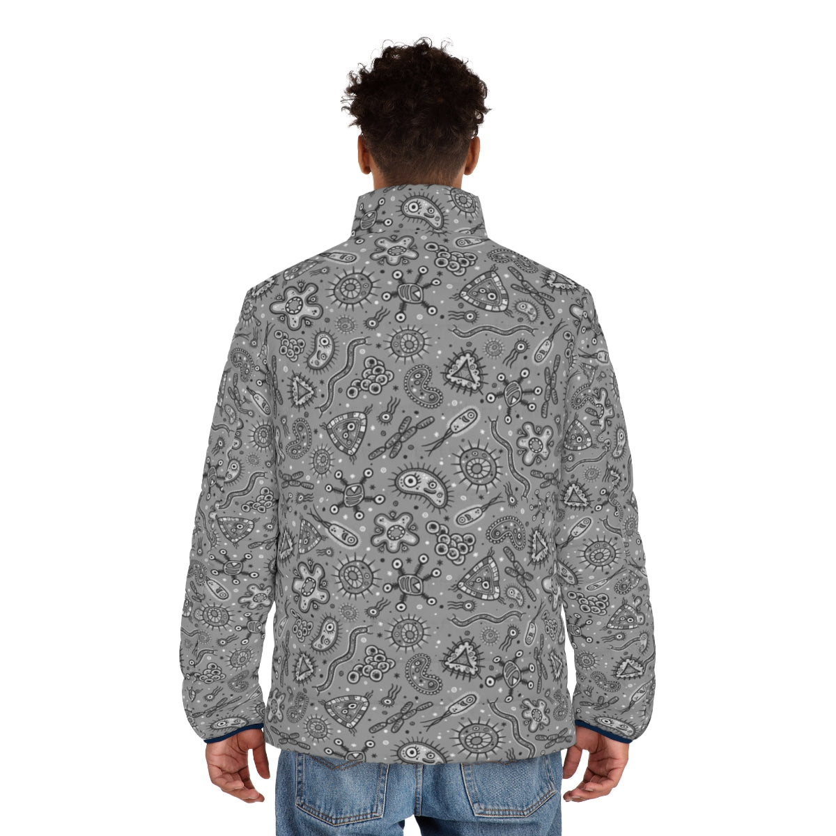 Cartoon microbes pattern grey puffer jacket - men back