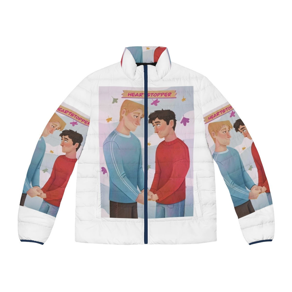 Heartstopper inspired puffer jacket featuring Charlie Spring and Nick Nelson character art