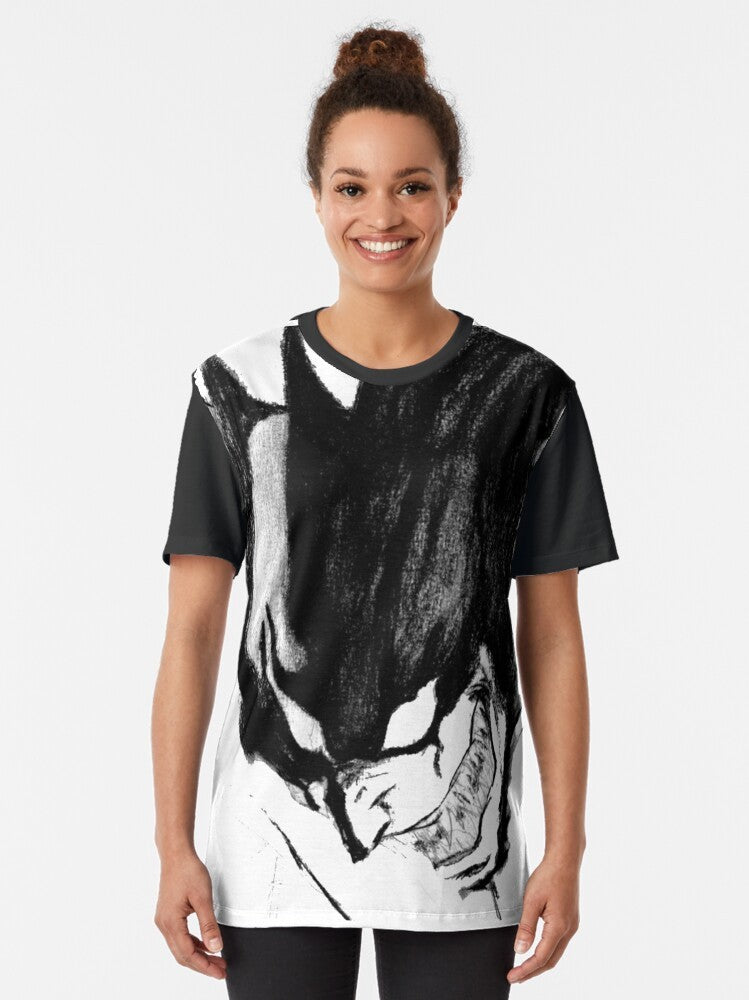 Devilman Crybaby anime graphic t-shirt featuring black and white superhero design - Women