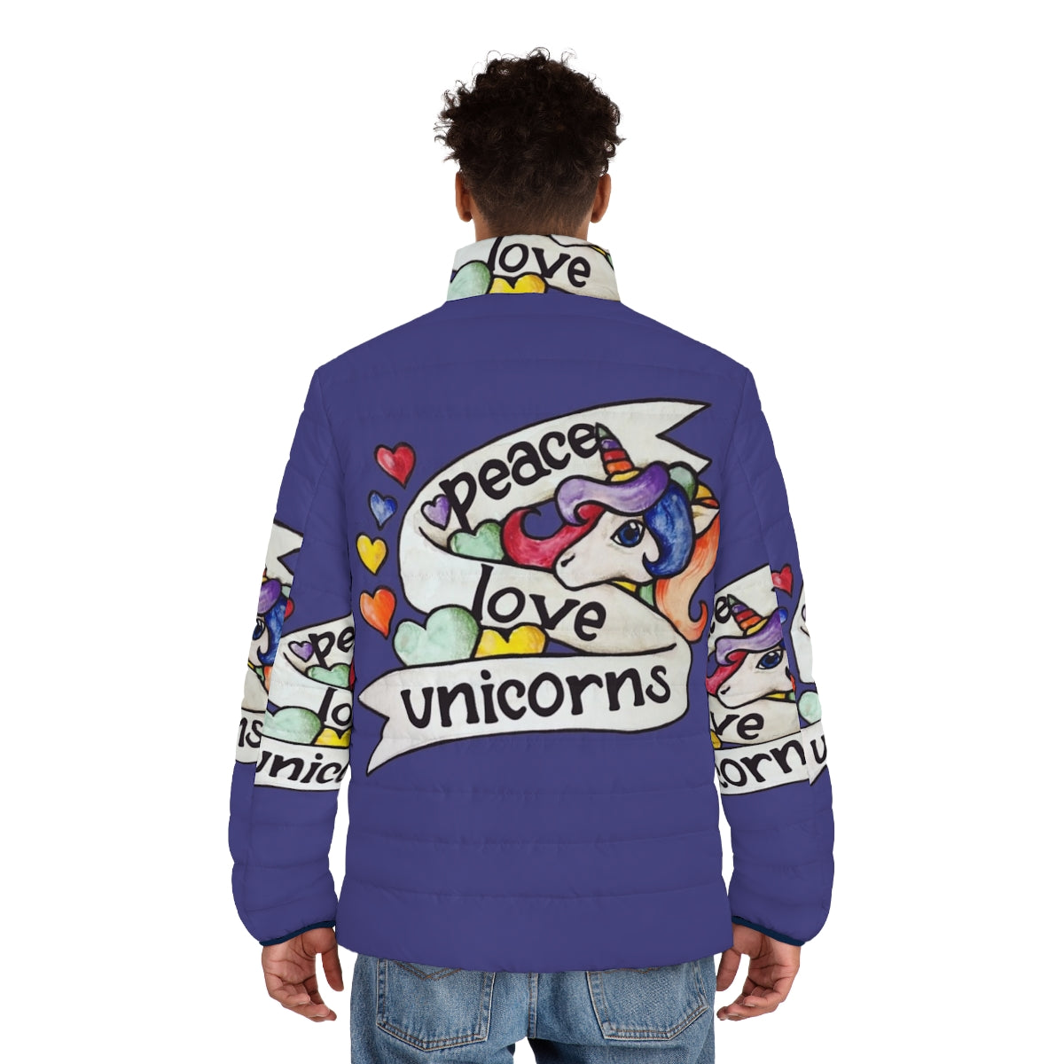 Retro unicorn puffer jacket in a vibrant rainbow design - men back