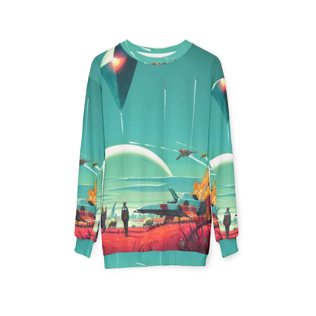 No Man's Sky Horizon Sweatshirt featuring space exploration and gaming graphics - hanging