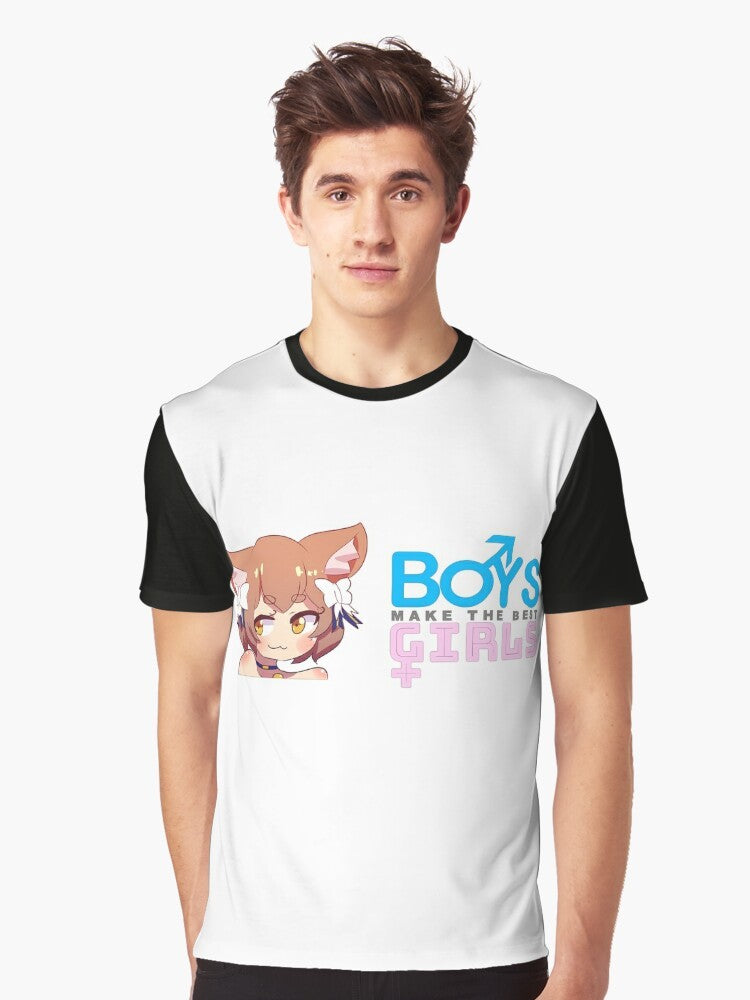 Anime-inspired graphic t-shirt with a "trap" theme, featuring a crossdressing character. - Men