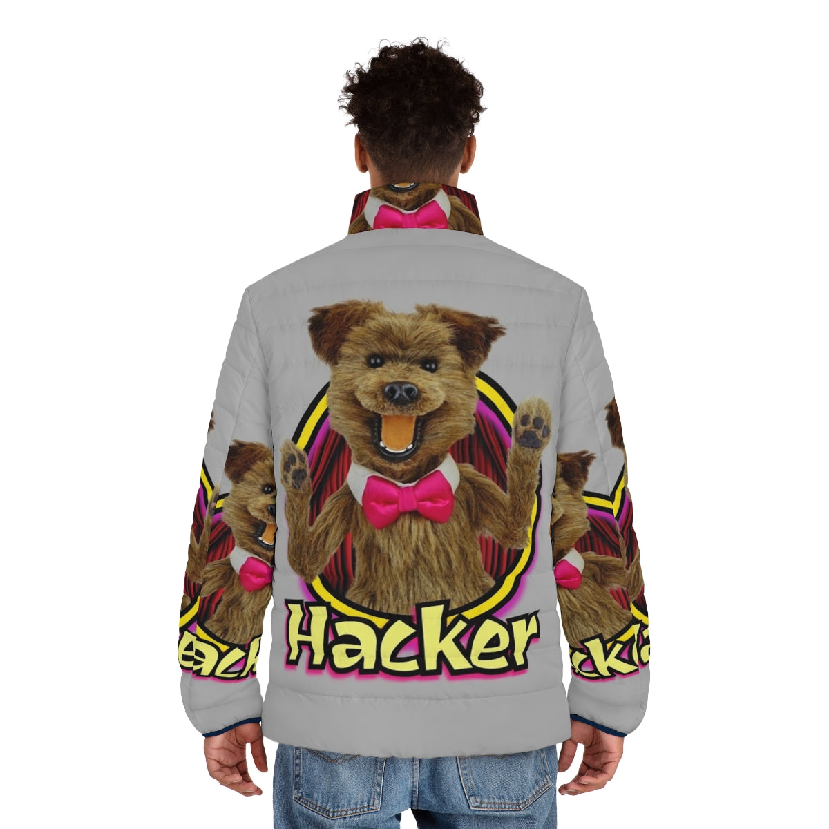 Hacker Time puffer jacket featuring a colorful retro puppet character - men back