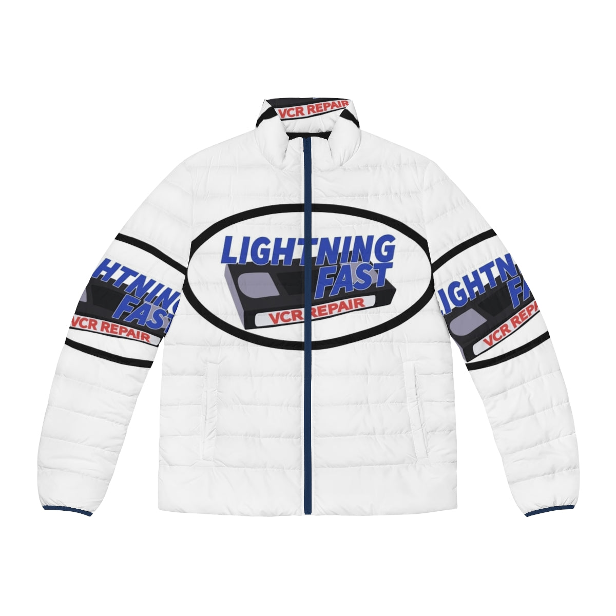 Red Letter Media inspired Lightning Fast VCR Repair logo printed on a puffer jacket