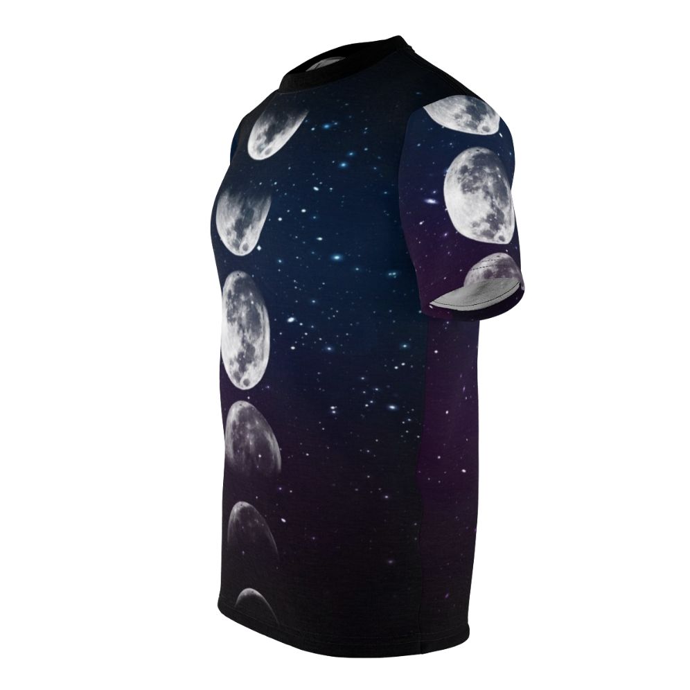 Unisex t-shirt featuring a watercolor design with the phases of the moon and a cosmic, space-inspired aesthetic. - men left