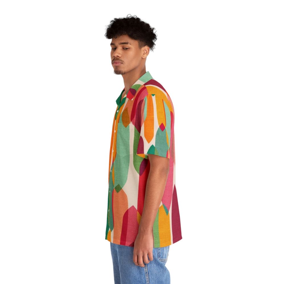 Mid-century modern inspired Hawaiian shirt with a colorful, abstract geometric print design - People Left