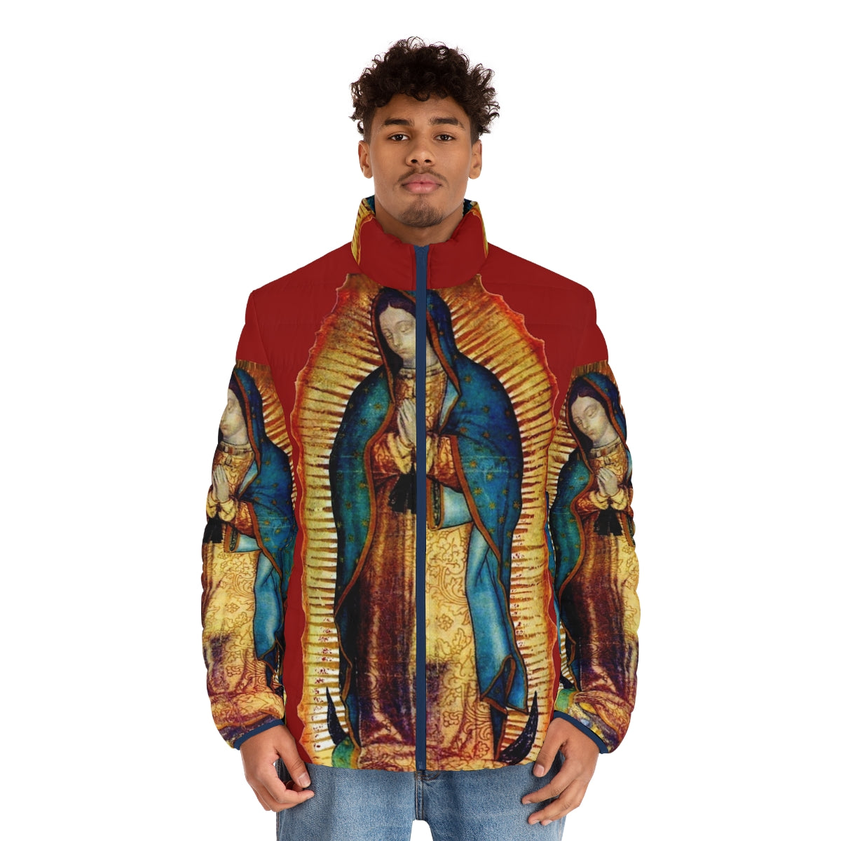 Our Lady of Guadalupe Puffer Jacket with Blessed Virgin Mary Tilma Replica Design - men front