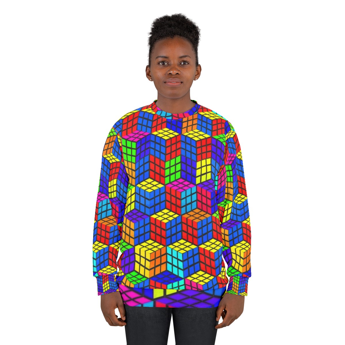 Rubik's Cube optical illusion sweatshirt with colorful, abstract geometric design - women