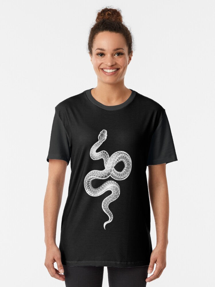 Black and white graphic t-shirt featuring a snake design with the text "Snake Reputation" - Women